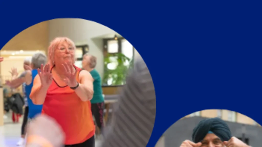 An image of the front cover of the Age Without Limits 2024 Impact Report, a blue background with green and red circles and two images of older people