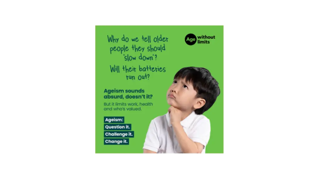 A green background with a picture of a child looking quizzical and text saying why do we tell older people they should slow down? Will their batteries run out?