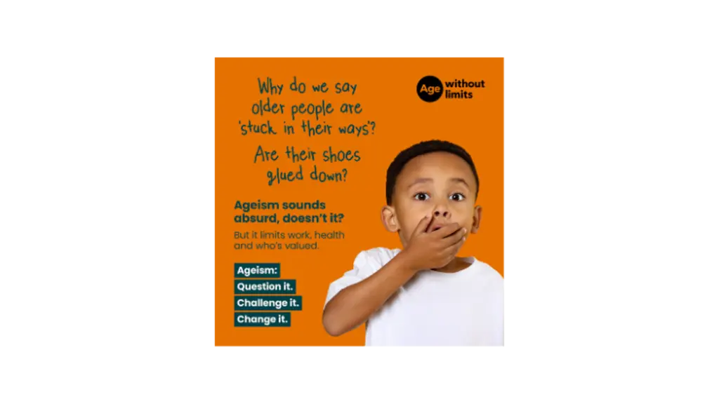 An orange background with a picture of a child looking quizzical and text saying why do we say older people are stuck in their ways? Are their shoes glued down?
