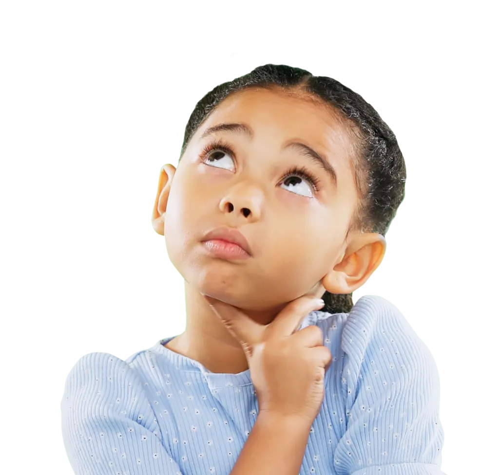Young girl with curious look on her face, looking up with her finger on her chin