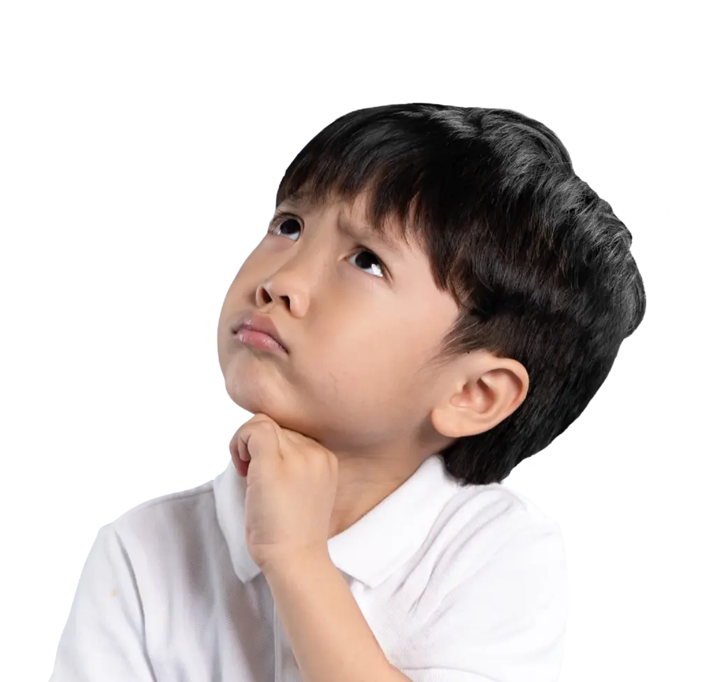 Young boy with confused face, looking up and resting his knuckle on his chin